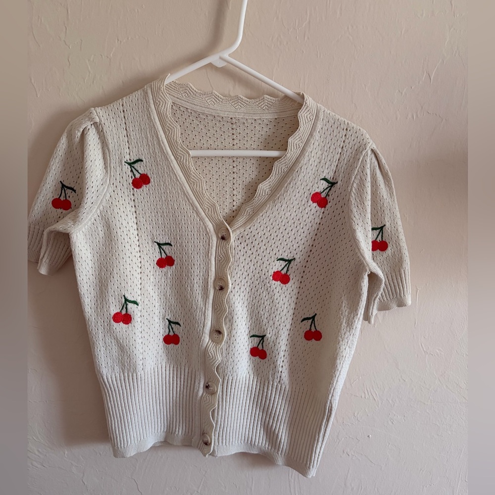 Cream Knit Cherry Button-Up Cardigan